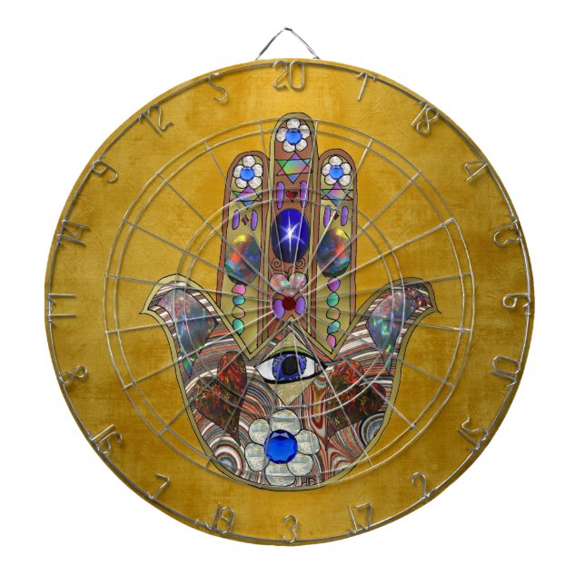 Tablero Dardos Hamsa Hearts Flowers Opal Art em Dourado (Frente)