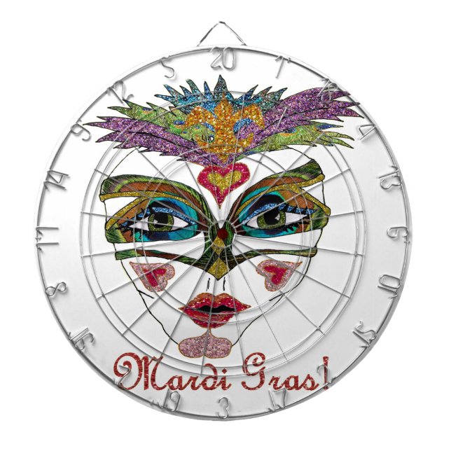 Tablero Dardos Máscara Colorida Mardi Gras Glitter Feather (Frente)