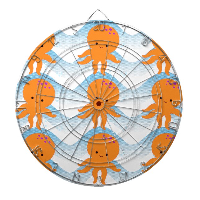 Tablero Dardos Octopus Laranja E Padrão De Ondas Azuis (Frente)