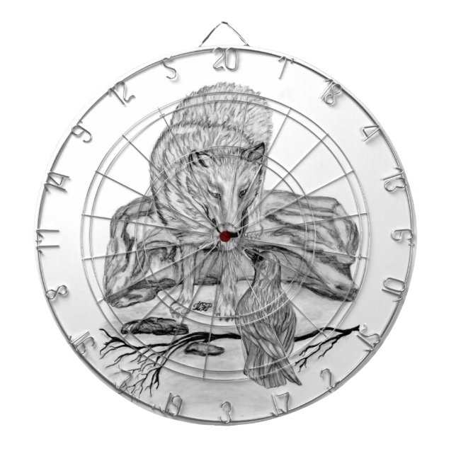 Tablero Dardos Wolf e Raven design preto e branco (Frente)