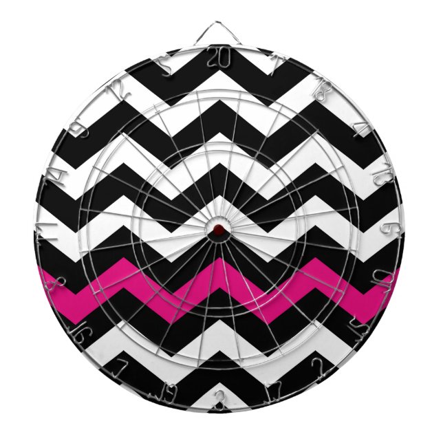 Tablero Dardos Zigzag preto e branco clássico com rosa quente (Frente)
