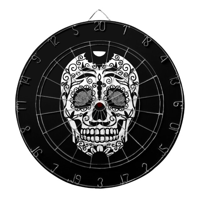 Tablero De Dardos Crânio preto e branco do açúcar com olhos (Frente)