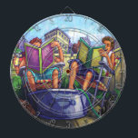 Tablero De Dardos Leitura de Verão<br><div class="desc">A Leitura da Arte pela Summertime de Traci Van Wagoner mostra um garoto e uma garota sentados em um quintal urbano num dia quente de verão com os pés em uma banheira legal, limonada do bebendo e lendo livros. Um gato e um cachorro deitavam-se enrolados aos pés no baralho da...</div>