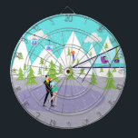 Tablero De Dardos Placa Dart Retro Winter Ski Resort<br><div class="desc">Este Retro Winter Ski Resort Dart Board tem algo para todos. O desenho pitoresco de desenho cartoon apresenta uma cordilheira coberta de neve com cedros verdes. Um esquiador solitário, vestindo vermelho, laranja e azul real, pode ser visto descendo a montanha mais alta. A neve continua a cair das nuvens no...</div>