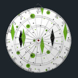 Tablero De Dardos Placa de Arte de Ouros Verdes e Starbursts Retro<br><div class="desc">Esta placa de dardos retrorreflectores e Starbursts personalizável é uma nova tomada no estilo de vintage. Apresenta estereótipos de cozinha e pretos em bolinhas verdes, em volta de formas geométricas, verdes e de diamante preto. Personalize a cor de fundo neste produto moderno de meio século se você estiver se sentindo...</div>