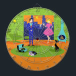 Tablero De Dardos Placa Retro Romântica de Dart do Casal da Noite<br><div class="desc">Este Conselho Retrorromântico de Dart Casal da Noite parece uma cena de uma comédia romântica de 1960. A design minimalista apresenta um atraente casal de desenho animado na sala de estar de um meio século moderno e urbano. A sala apresenta, de forma destacada, uma parede verde de pedra com uma...</div>