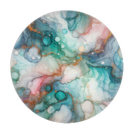 Tabua De Cortar Abstrato em Rosa, Azul Claro, Azul e Dourado