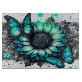 Tabua De Cortar Borboletas Teais Conselho de Corte de Girassol