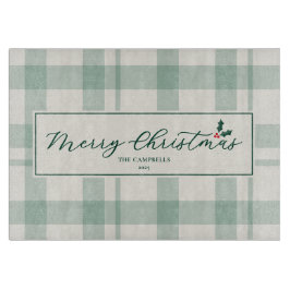 Tabua De Cortar Cream and Green Plaid Merry Christmas Script