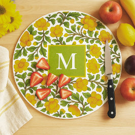 Tabua De Cortar Padrão Floral Amarelo - Monograma Personalizado