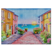 Pôr do sol da vila à beira-mar em aquarela