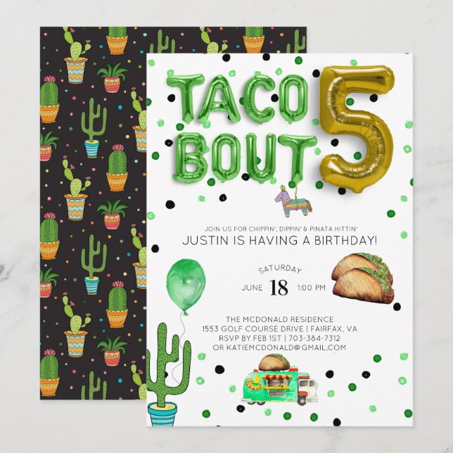 Taco Perto de Cinco | Convite de Aniversário de Ci (Frente/Verso)