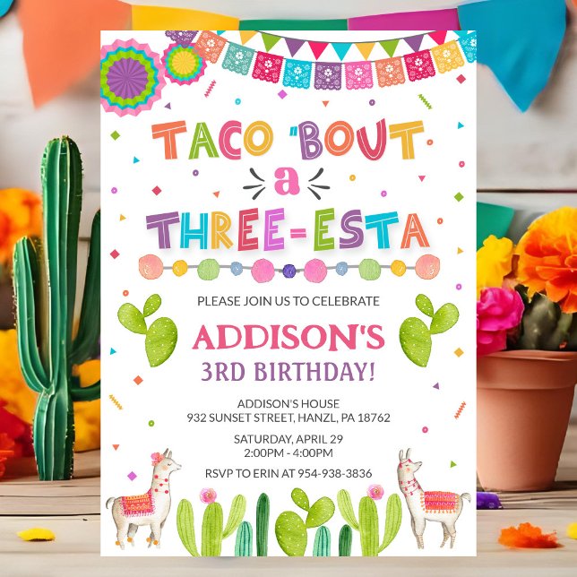 Taco sobre um Convite de Aniversário Três Esta (Criador carregado)
