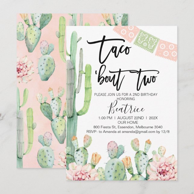 Taco Verde Rosa Sobre Dois Convite De segundo aniv (Frente/Verso)