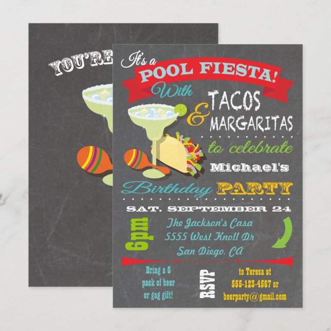 Tacos e Convite de aniversário de Piscina Tequilla (Frente/Verso)