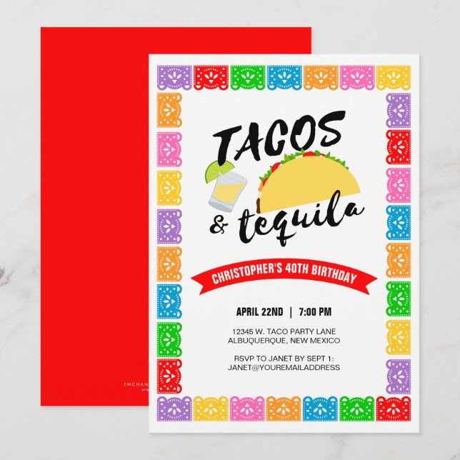 Tacos e Convite de aniversário de tequila (Frente/Verso)