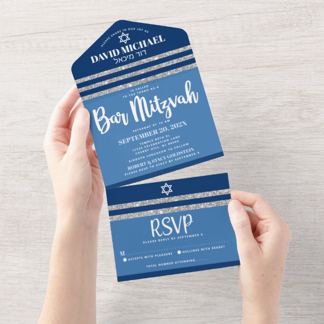 Talit Azul Prata Bar Mitzvah Moderno Script Ousado (Tearaway)