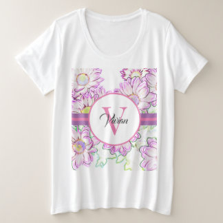 Tamanho Mais Camiseta Branca E Roxa Monogramada