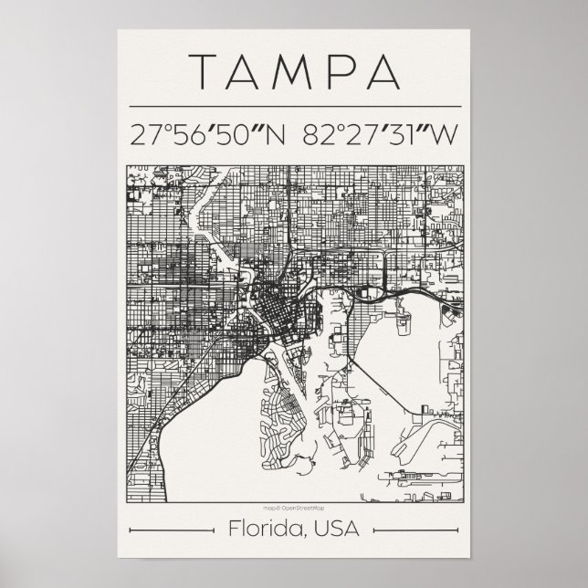 Tampa Florida Charcoal City Map Poster ModernUrban (Frente)