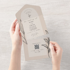 Tan Arch Wedding QR RSVP Tudo em Um Convite