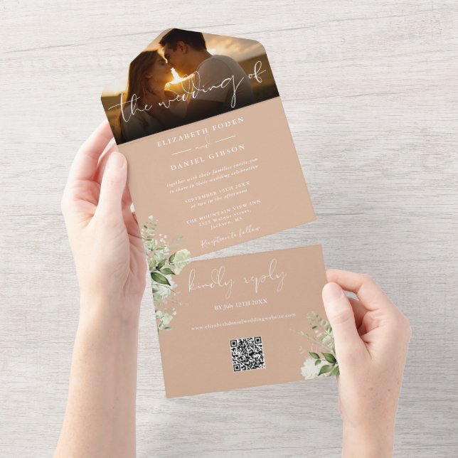 Tan Floral Verde Código QR Casamento Foto (Aba destacável)