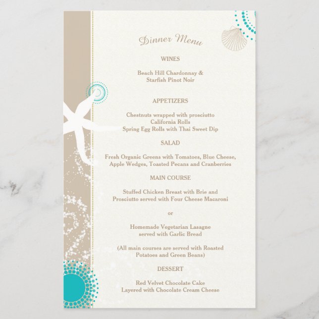 Tan Ivory Aqua Trendy Beach Wedding Menu (Frente)