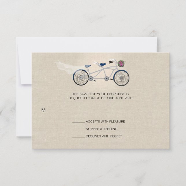Tandem Dark Blue Bicycle Weding Faux Linen RSVP (Frente)