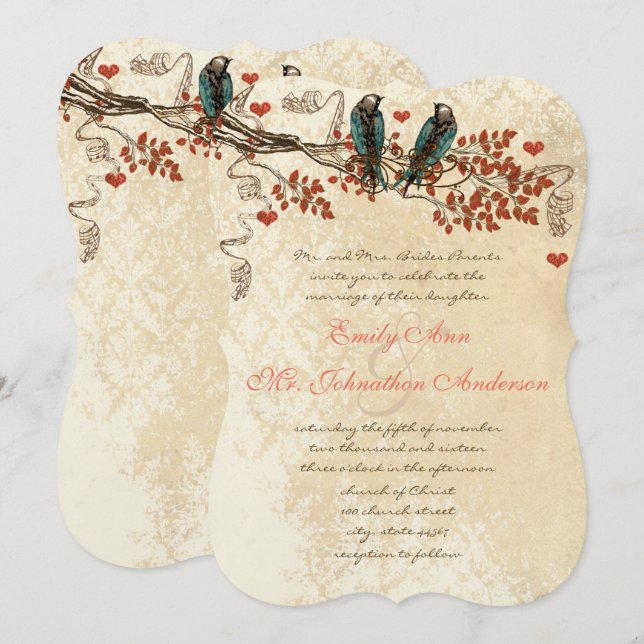 Tangerine Fall Deixa Convite de casamento de aves  (Frente/Verso)