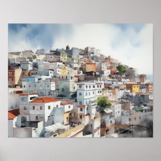 Tangier Marrocos Watercolor Art Impressão Poster (Frente)
