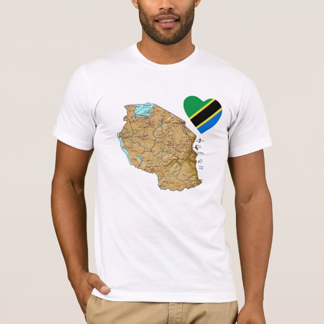 Tanzânia Flag Heart and Map T-Shirt (Frente)