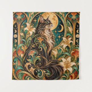 Tapeçaria Art Nouveau de Gato Místico e Lua