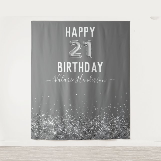 Tapeçaria Cinza e Prata Feliz Aniversário de 21 an (Frente)