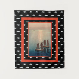 Tapeçaria com pintura japonesa de barcos e padrão