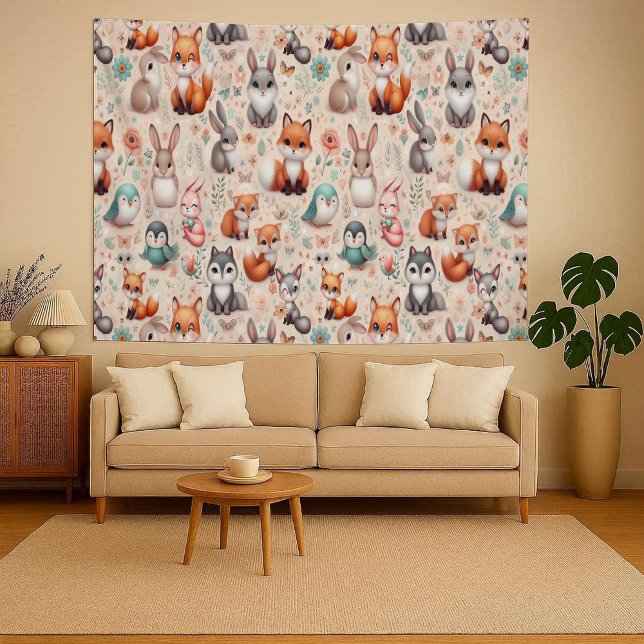 Tapeçaria de água-forte de raposa da floresta boho (Woodland Fox Bunny Watercolor Boho Nursery Tapestry)