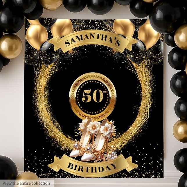 Tapeçaria de Aniversário de 50 Anos Elegante com S (Elegant 50th Birthday Tapestry Gold Sparkle Heels)