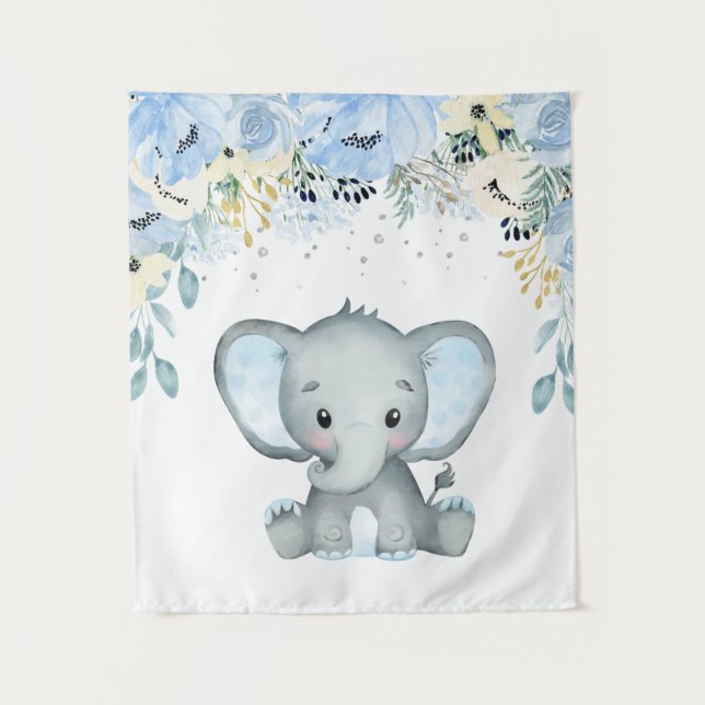 Tapeçaria de berçário de elefante floral azul para (Frente)