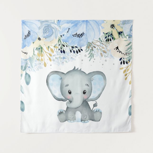 Tapeçaria de berçário de elefante floral azul para (Frente)