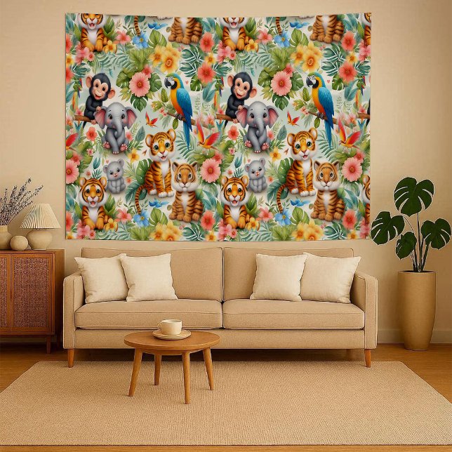 Tapeçaria de Berçário Tropical com Animais da Selv (Baby Jungle Animals Nursery Tapestry Backdrop)