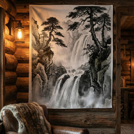 Tapeçaria de Cachoeira | Arte de Montanha em Preto