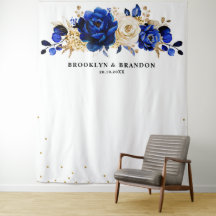 Tapeçaria de casamento floral azul real dourado me
