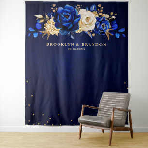 Tapeçaria de casamento floral metálica azul real d