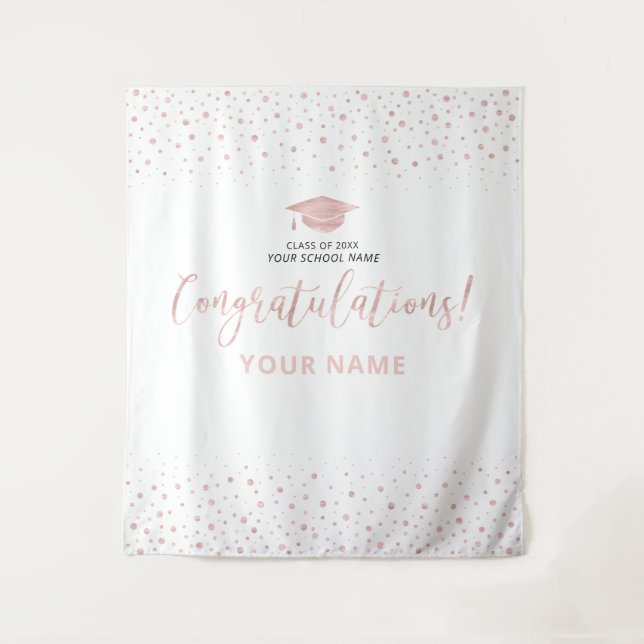 Tapeçaria de Conclusão de Curso Rose Gold Confetti (Frente)