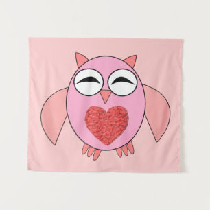 Tapeçaria de Coruja com Coração de Amor Rosa