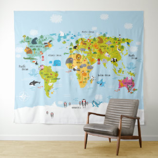 Tapeçaria de Fundo de Mapa Mundial Infantil para Q
