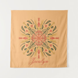 Tapeçaria de Nome Laranja Boho Mandala Botânica