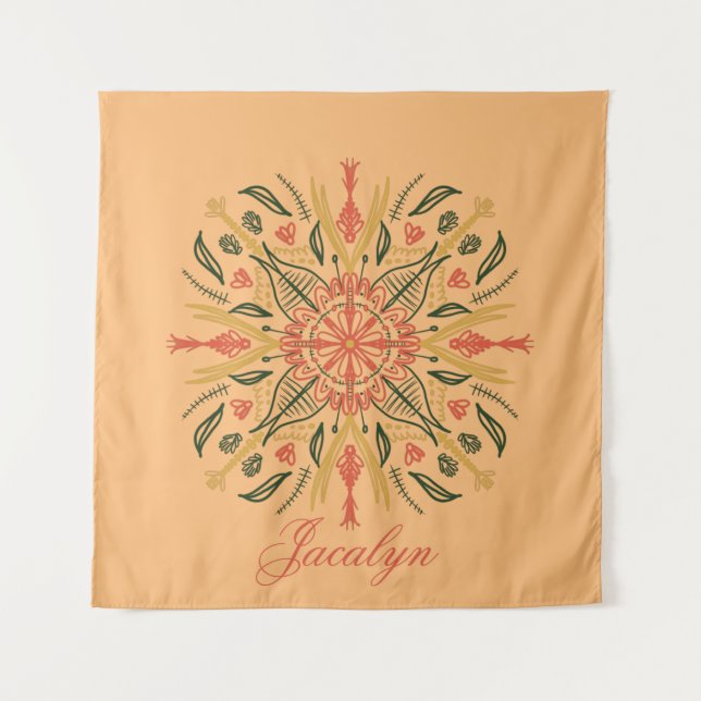 Tapeçaria de Nome Laranja Boho Mandala Botânica (Frente)