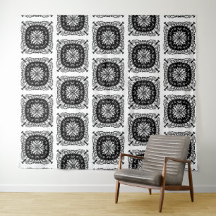 Tapeçaria de Padrão Floral Mandala Preto e Branco