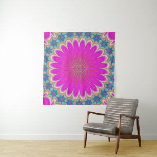 Tapeçaria de Parede Mística Mandala Rosa e Turques