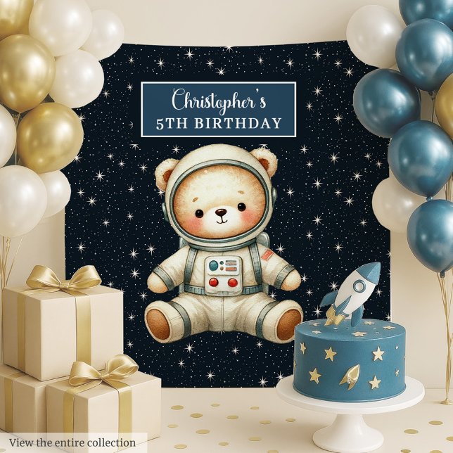 Tapeçaria Festa de aniversário com Urso Espacial (Boy Birthday Party Tapestry with Space Bear)