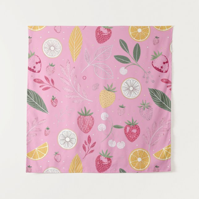 Tapeçaria Floral e Morango Rosa (144 cm x 144 cm) (Frente)